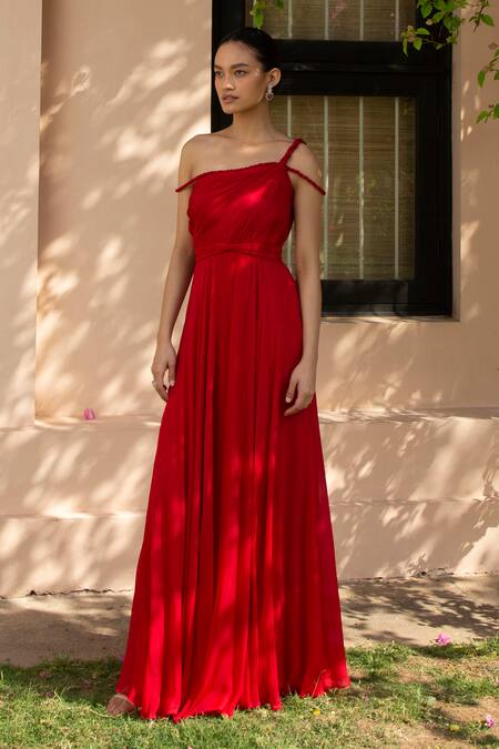 Parshya Red Viscose Flat Lining Shantoon One Shoulder Draped Gown Online at Aza Fashions Parshya_Red Viscose Flat Lining Shantoon One Shoulder Draped Gown _Online_at_Aza_Fashions
