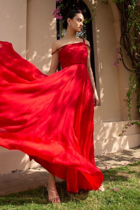 Shop Parshya Red Viscose Flat Lining Shantoon One Shoulder Draped Gown at Aza Fashions Shop_Parshya_Red Viscose Flat Lining Shantoon One Shoulder Draped Gown _at_Aza_Fashions