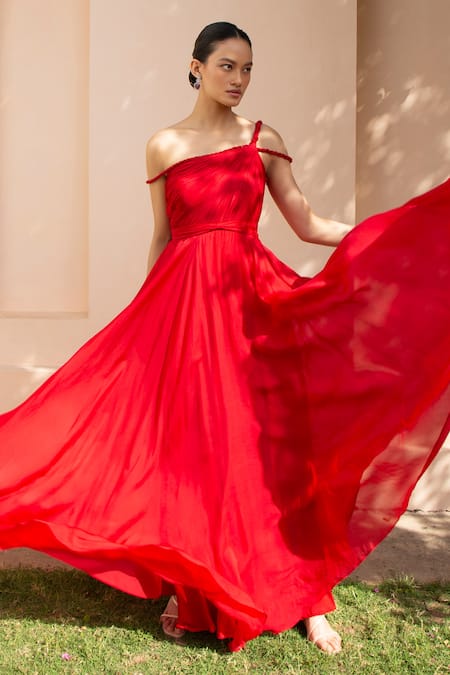 Plain Satin Long Red Pockets Party Dress Sleeveless With Sweetheart Neck -  $132.587 #TZ1384 - SheProm.com
