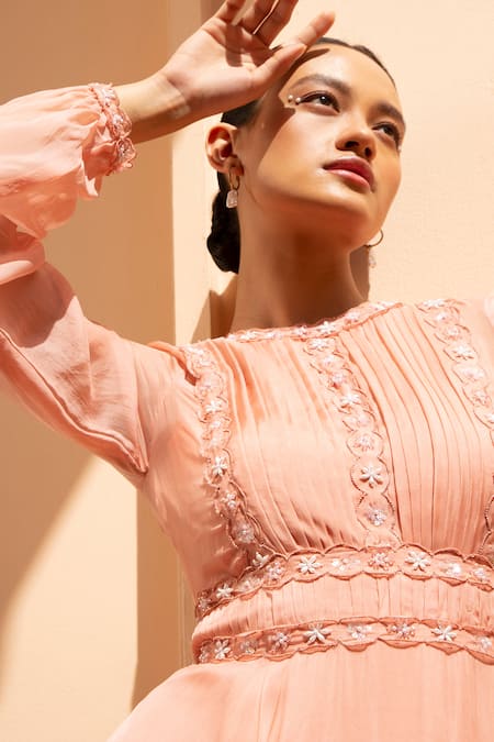 Parshya_Peach Viscose Flat Chiffon Lining Shantoon Floral Victorian Embellished Gown _Online_at_Aza_Fashions