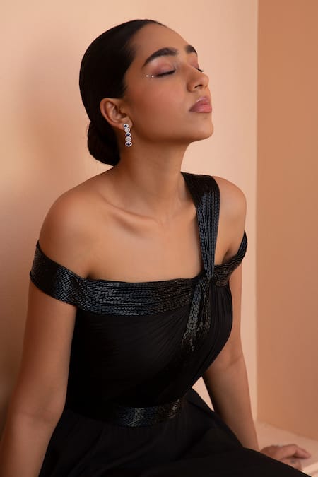 Parshya Black Viscose Flat Chiffon Lining Shantoon Cutdana One Embellished Off Gown Online at Aza Fashions Parshya_Black Viscose Flat Chiffon Lining Shantoon Cutdana One Embellished Off Gown _Online_at_Aza_Fashions