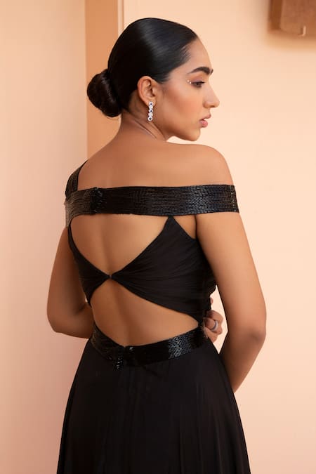 Shop Parshya Black Viscose Flat Chiffon Lining Shantoon Cutdana One Embellished Off Gown at Aza Fashions Shop_Parshya_Black Viscose Flat Chiffon Lining Shantoon Cutdana One Embellished Off Gown _at_Aza_Fashions