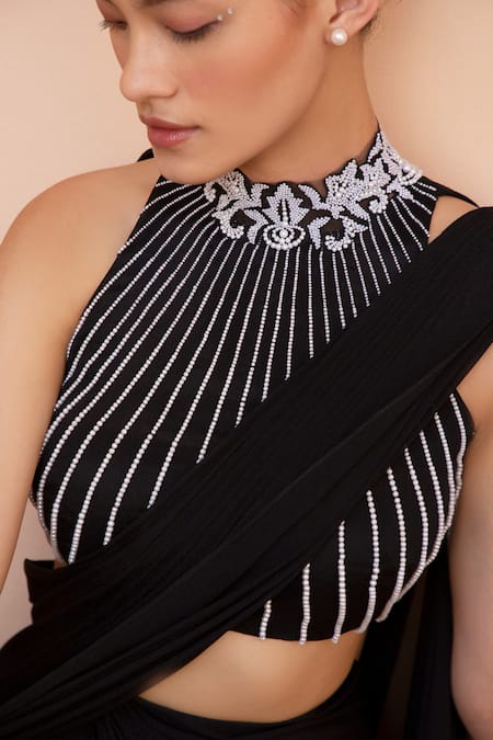 Parshya_Black Viscose Crepe Lining Shantoon Pearls High Pre-draped Skirt Saree Set _Online_at_Aza_Fashions