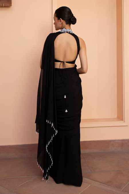 Shop_Parshya_Black Viscose Crepe Lining Shantoon Pearls High Pre-draped Skirt Saree Set _at_Aza_Fashions