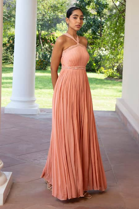 Parshya Halter Neck Pleated Gown 