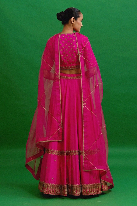 Shop_Nishar Ahmed_Pink Lehenga And Blouse Habutai Silk Dupatta Organza Embroidered Bridal Set_at_Aza_Fashions