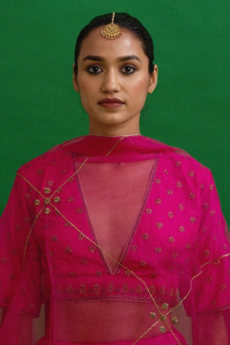 Buy_Nishar Ahmed_Pink Lehenga And Blouse Habutai Silk Dupatta Organza Embroidered Bridal Set_Online_at_Aza_Fashions
