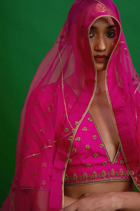 Shop_Nishar Ahmed_Pink Lehenga And Blouse Habutai Silk Dupatta Organza Embroidered Bridal Set_Online_at_Aza_Fashions