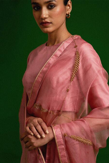 Buy Pink Saree Silk Organza Hand Embroidered Zardosi Leaf Blouse