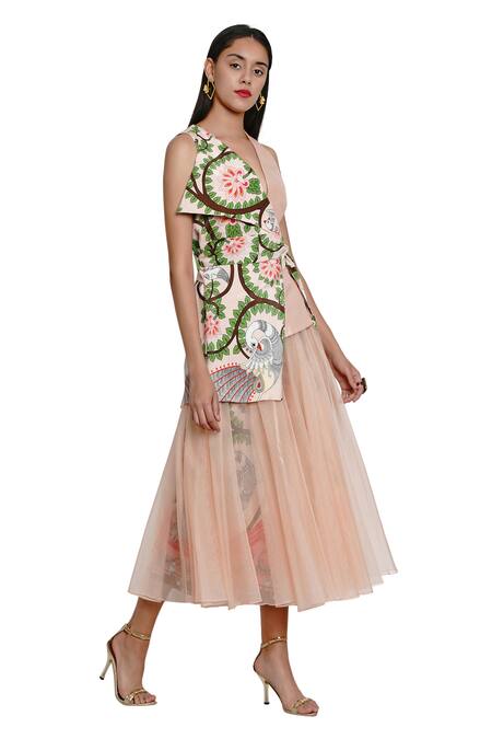 Limerick By Abirr N' Nanki_Pink Organza, Habutai Silk Flap Collar Asymmetric Wrap Jacket_Online_at_Aza_Fashions