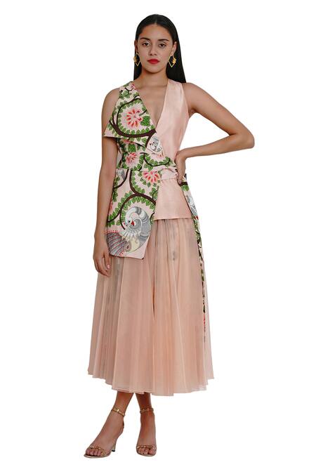 Buy_Limerick By Abirr N' Nanki_Pink Organza, Habutai Silk Flap Collar Asymmetric Wrap Jacket_Online_at_Aza_Fashions