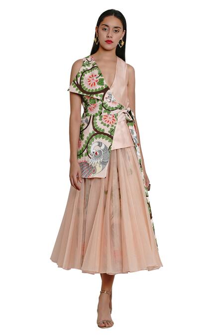 Shop_Limerick By Abirr N' Nanki_Pink Organza, Habutai Silk Flap Collar Asymmetric Wrap Jacket_Online_at_Aza_Fashions