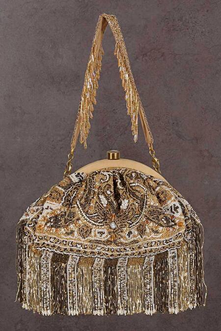 Lovetobag Gold Luminous Japanese Micro Bead Pashmina Embellished Clutch Online at Aza Fashions Lovetobag_Gold Luminous Japanese Micro Bead Pashmina Embellished Clutch _Online_at_Aza_Fashions