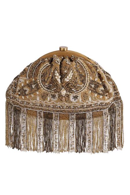 Shop Lovetobag Gold Luminous Japanese Micro Bead Pashmina Embellished Clutch at Aza Fashions Shop_Lovetobag_Gold Luminous Japanese Micro Bead Pashmina Embellished Clutch _at_Aza_Fashions