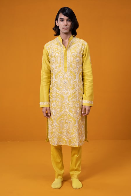 Wabi Sabi By Anshum-Ritesh Yellow Chanderi Embroidery Passion Paisley Kurta Set 