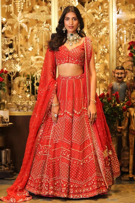 Blood Red Raw Silk Zari Embroidered Lehenga Set Design by NITIKA GUJRAL at  Pernia's Pop Up Shop 2024