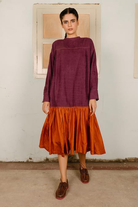 Ayaka Purple 100% Cotton Corduroy, 100% Silk Band Color Block Tiered Dress 