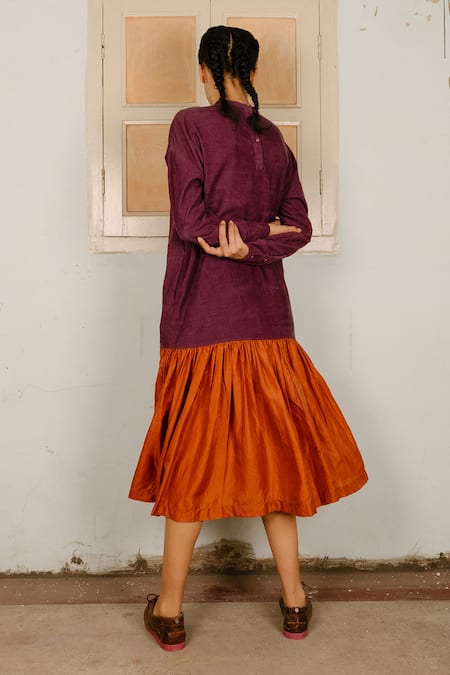 Shop Ayaka Purple 100% Cotton Corduroy, 100% Silk Band Color Block Tiered Dress at Aza Fashions Shop_Ayaka_Purple 100% Cotton Corduroy, 100% Silk Band Color Block Tiered Dress _at_Aza_Fashions