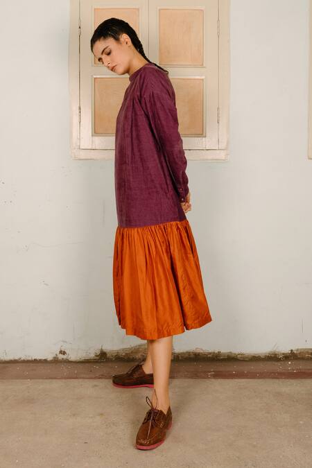 Ayaka Purple 100% Cotton Corduroy, 100% Silk Band Color Block Tiered Dress Online at Aza Fashions Ayaka_Purple 100% Cotton Corduroy, 100% Silk Band Color Block Tiered Dress _Online_at_Aza_Fashions