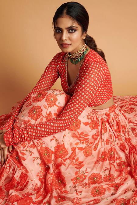 Paulmi and Harsh_White Organza, Net, Georgette V Neck Printed Lehenga Set _at_Aza_Fashions