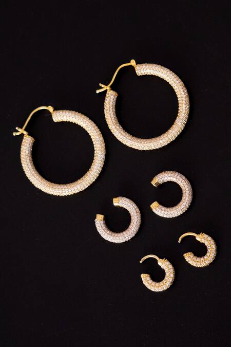 Shop Anushka Jain Jewellery Gold Plated Stones Pave Embellished Hoops Online at Aza Fashions Shop_Anushka Jain Jewellery_Gold Plated Stones Pave Embellished Hoops_Online_at_Aza_Fashions