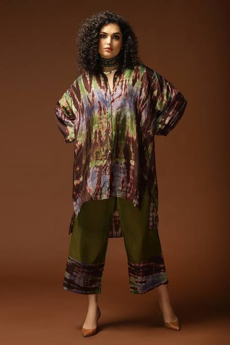 Capisvirleo_Brown Habutai Silk Tie And Dye Collared Neck Tunic & Pant Set _Online_at_Aza_Fashions