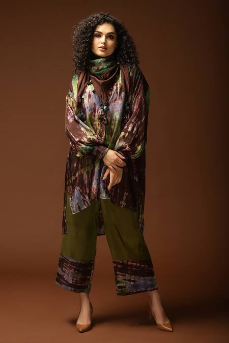 Buy_Capisvirleo_Brown Habutai Silk Tie And Dye Collared Neck Tunic & Pant Set _Online_at_Aza_Fashions