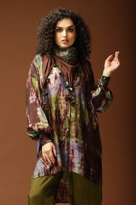 Shop_Capisvirleo_Brown Habutai Silk Tie And Dye Collared Neck Tunic & Pant Set _Online_at_Aza_Fashions