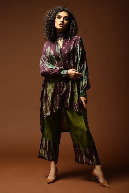 Capisvirleo_Maroon Habutai Silk Tie And Dye Collared Neck Tunic & Pant Set _Online_at_Aza_Fashions