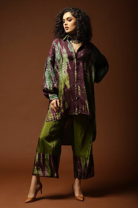 Buy_Capisvirleo_Maroon Habutai Silk Tie And Dye Collared Neck Tunic & Pant Set _Online_at_Aza_Fashions