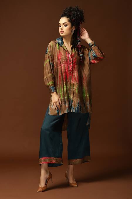 Capisvirleo_Gold Habutai Silk Tie And Dye Collared Neck Tunic & Pant Set _Online_at_Aza_Fashions
