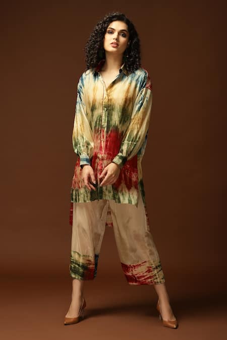 Capisvirleo Cream Habutai Silk Tie And Dye Collared Neck Tunic & Pant Set