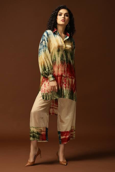 Capisvirleo_Cream Habutai Silk Tie And Dye Collared Neck Tunic & Pant Set _Online_at_Aza_Fashions