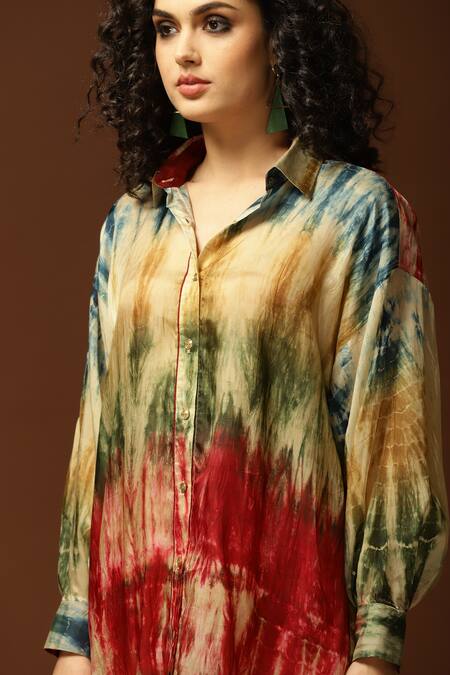 Shop_Capisvirleo_Cream Habutai Silk Tie And Dye Collared Neck Tunic & Pant Set _Online_at_Aza_Fashions