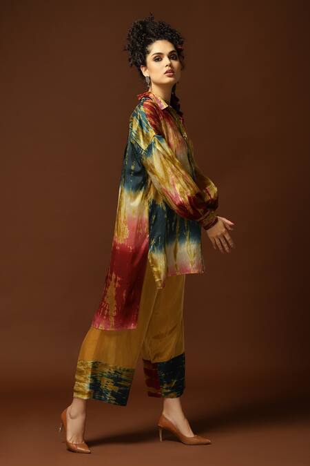 Capisvirleo_Pink Habutai Silk Tie And Dye Collared Neck Tunic & Pant Set _Online_at_Aza_Fashions