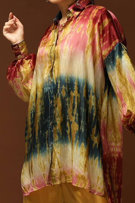 Shop_Capisvirleo_Pink Habutai Silk Tie And Dye Collared Neck Tunic & Pant Set _Online_at_Aza_Fashions