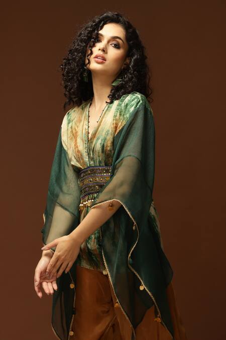 Shop_Capisvirleo_Green Habutai Silk Sequin, Thread And Bead, Tie & Dye V & Poncho Style Top Set _Online_at_Aza_Fashions