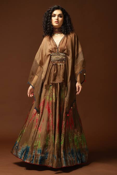 Shop_Capisvirleo_Gold Habutai Silk Sequin, Thread And Bead, Tie & Dye V Poncho Style Top With Skirt _Online_at_Aza_Fashions