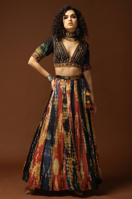 Shop_Capisvirleo_Black Habutai Silk Lining Cotton Shantoon Sequin, Thread And & Lehenga Set _Online_at_Aza_Fashions