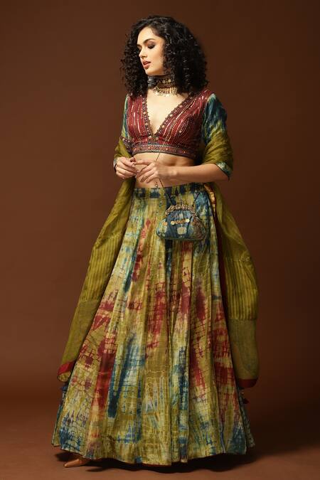 Buy_Capisvirleo_Blue Habutai Silk Lining Cotton Shantoon Sequin, Thread And Bead, & Lehenga Set _Online_at_Aza_Fashions