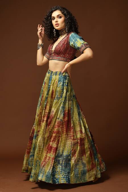 Shop_Capisvirleo_Blue Habutai Silk Lining Cotton Shantoon Sequin, Thread And Bead, & Lehenga Set _Online_at_Aza_Fashions