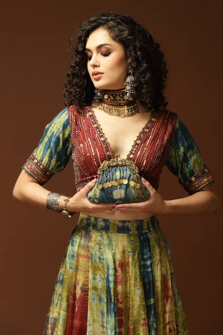 Capisvirleo_Blue Habutai Silk Lining Cotton Shantoon Sequin, Thread And Bead, & Lehenga Set _at_Aza_Fashions