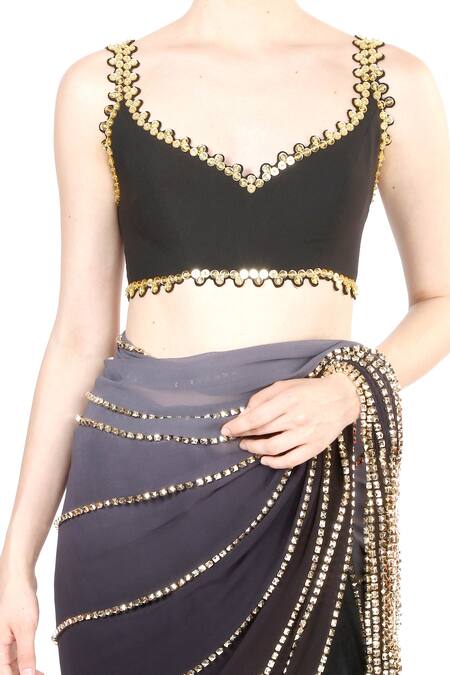 Papa Don't Preach_Black Tulle, Crepe, Georgette Sequin V Neck Pre-stitched Saree With Blouse _Online_at_Aza_Fashions