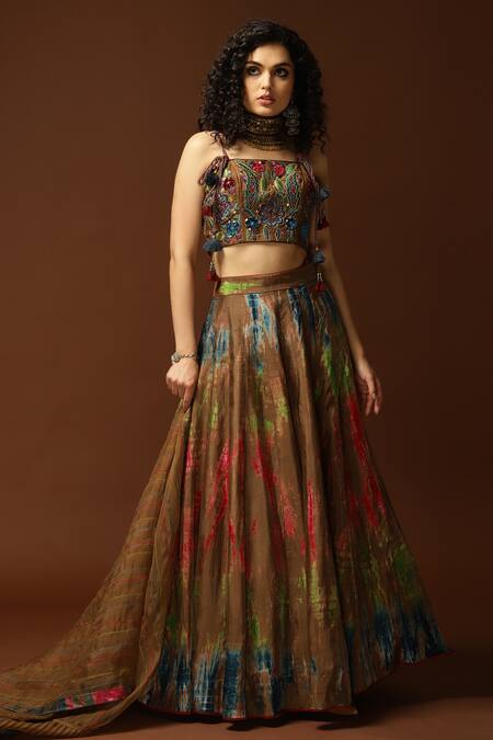 Shop_Capisvirleo_Gold Habutai Silk Lining Cotton Shantoon Sequin, Thread And Bead, & Lehenga Set _Online_at_Aza_Fashions