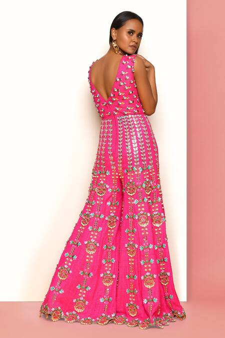 Papa Don't Preach_Pink Matka Silk Cutwork, Geometric, Mirror Work, Embroidered Sharara Jumpsuit _Online_at_Aza_Fashions