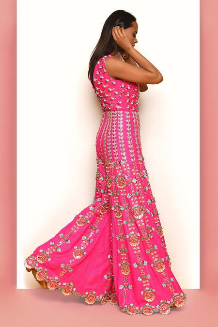 Buy_Papa Don't Preach_Pink Matka Silk Cutwork, Geometric, Mirror Work, Embroidered Sharara Jumpsuit _Online_at_Aza_Fashions