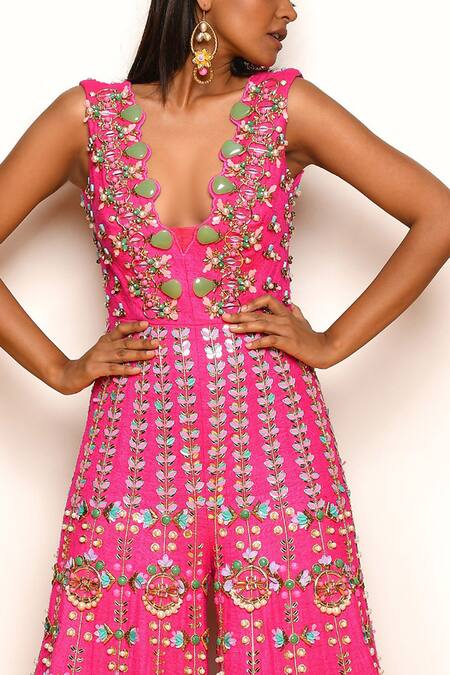 Shop_Papa Don't Preach_Pink Matka Silk Cutwork, Geometric, Mirror Work, Embroidered Sharara Jumpsuit _Online_at_Aza_Fashions