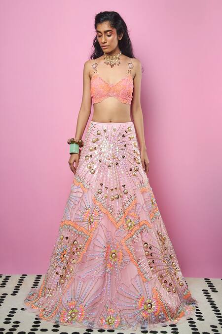 Papa Dont Preach_Pink Tulle Pearls, Metal Sequins, Glass Cut Embellished Bridal Lehenga Set _Online_at_Aza_Fashions