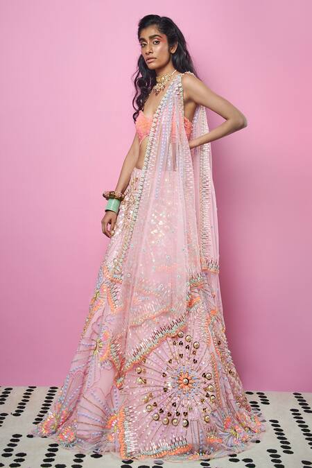Buy_Papa Dont Preach_Pink Tulle Pearls, Metal Sequins, Glass Cut Embellished Bridal Lehenga Set _Online_at_Aza_Fashions