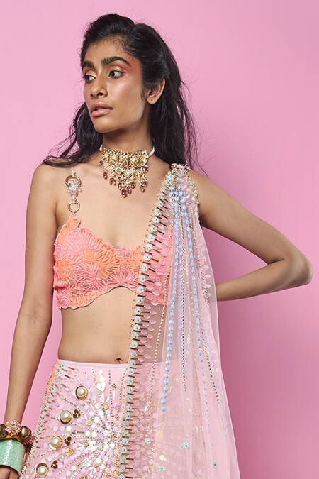 Shop_Papa Dont Preach_Pink Tulle Pearls, Metal Sequins, Glass Cut Embellished Bridal Lehenga Set _Online_at_Aza_Fashions